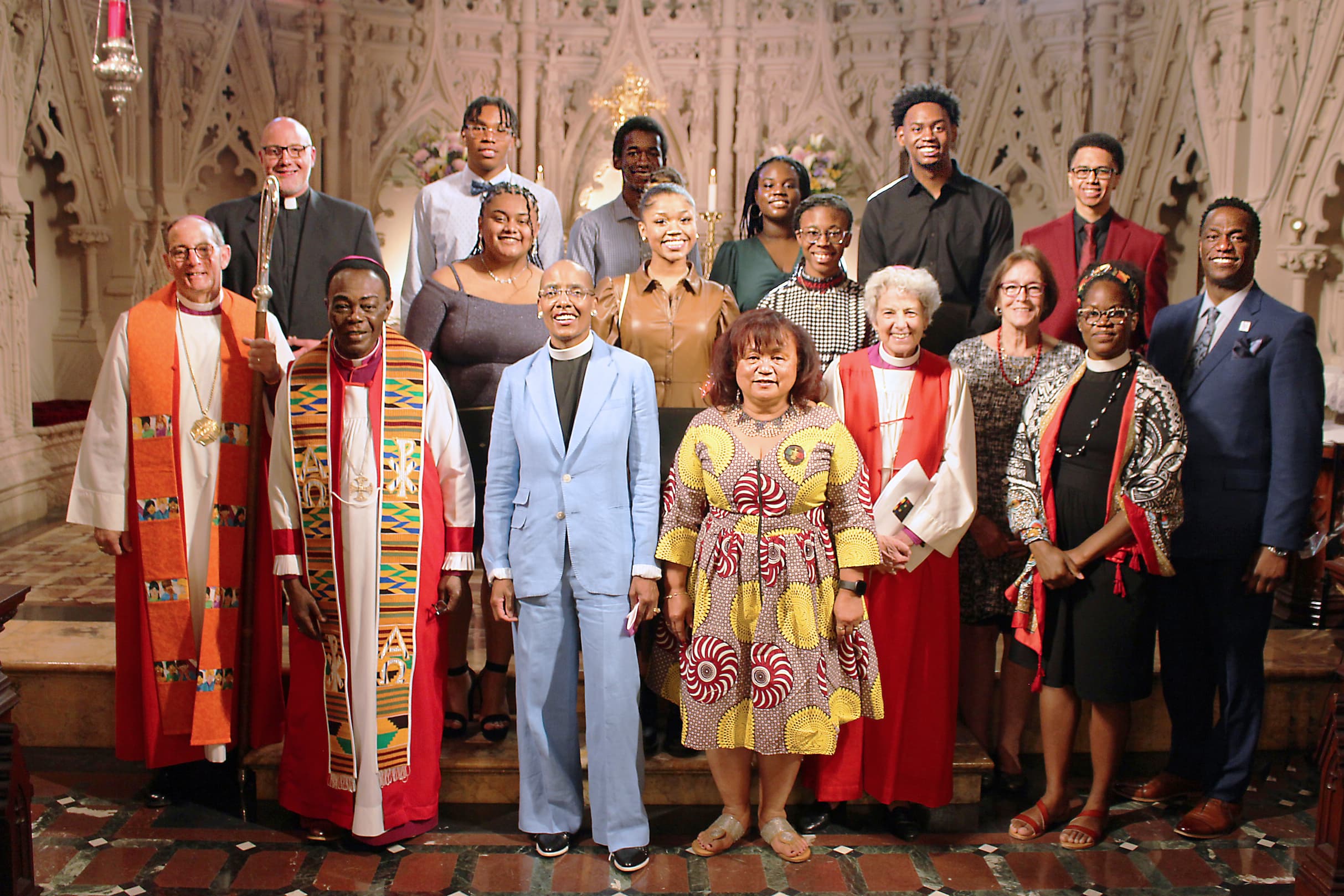 Recipients of the Inaugural Barbara C. Harris Scholarship gather with the Reparations Committee and Bishops of Long Island