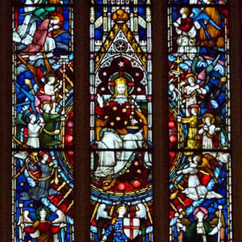 Stained glass window depicting Christ on the throne