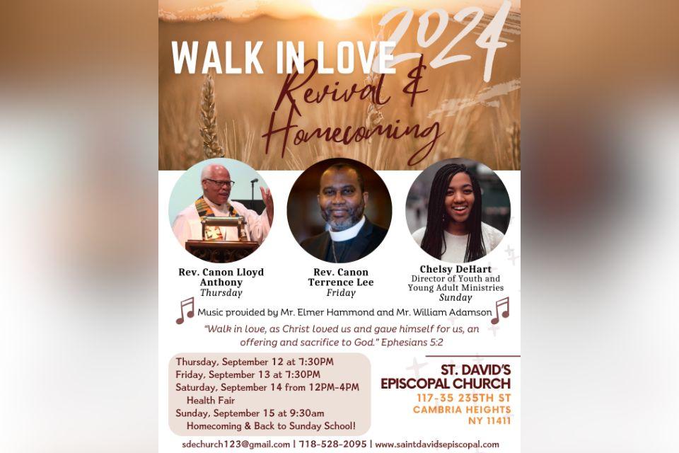 The image is a flyer promoting the "Walk in Love 2024 Revival & Homecoming" event at St. David's Episcopal Church in Cambria Heights, NY. It features three circular photos of key speakers: Rev. Canon Lloyd Anthony, Rev. Canon Terrence Lee, and Chelsy DeHart, Director of Youth and Young Adult Ministries. The background showcases a soft golden field with the event title "Walk in Love Revival & Homecoming 2024" at the top. Event dates are listed for Thursday, September 12, through Sunday, September 15