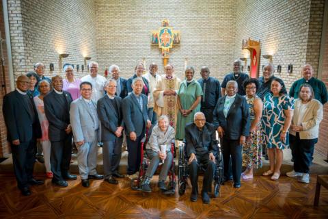 Retired clergy gather with Bishop Provenzano at the Chapel of the Good Shepherd in the Mercer School of Theology