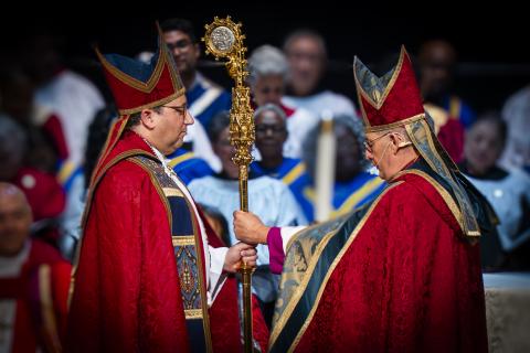 Bishop Shoemaker handed the diocesan crozier by Bishop Provenzano